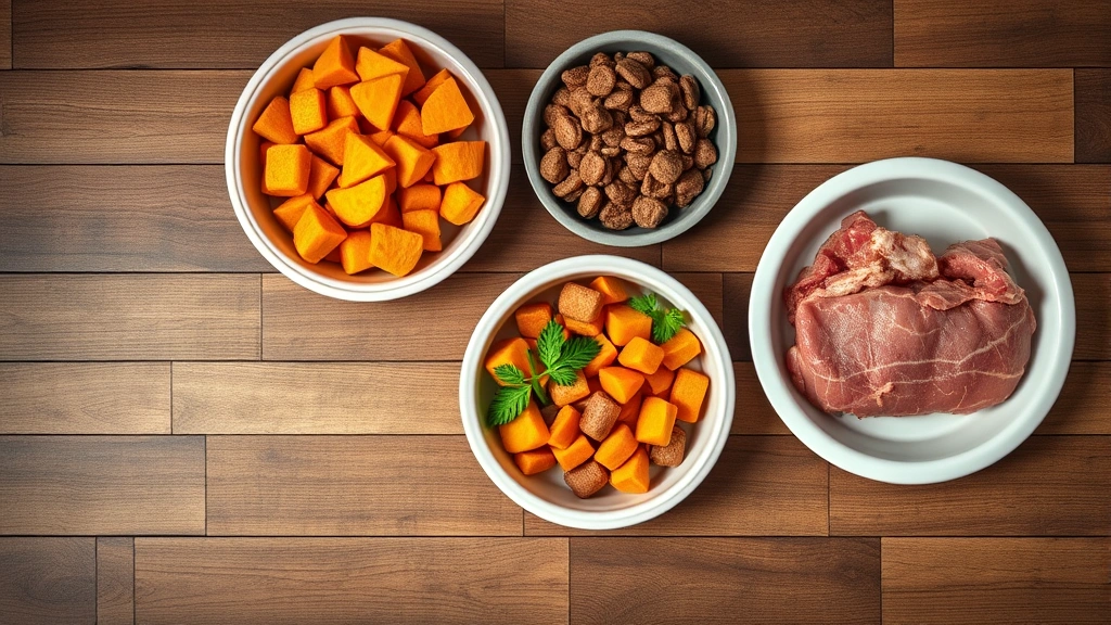 mucus in dog poop -
Photorealistic overhead shot of various dog food bowls with different healthy i