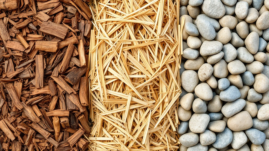 mulch dog -
Close-up comparison of different mulch types in piles—hardwood bark, straw, and
