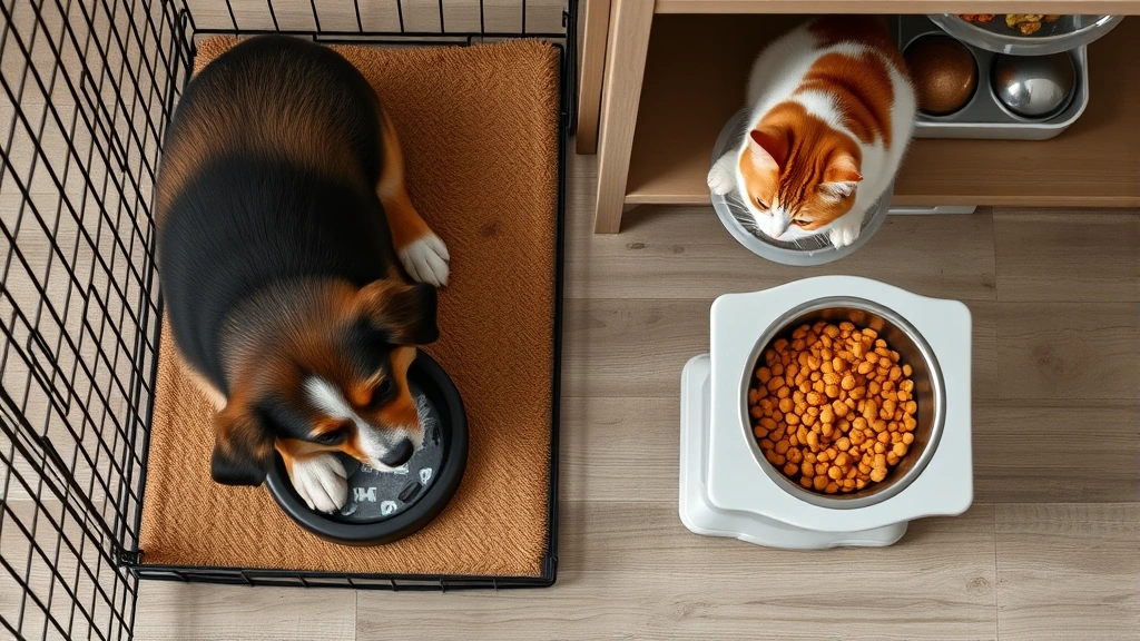 multi-pet household feeding strategies -
Photorealistic overhead view of a dog eating from a slow-feed puzzle bowl in a 