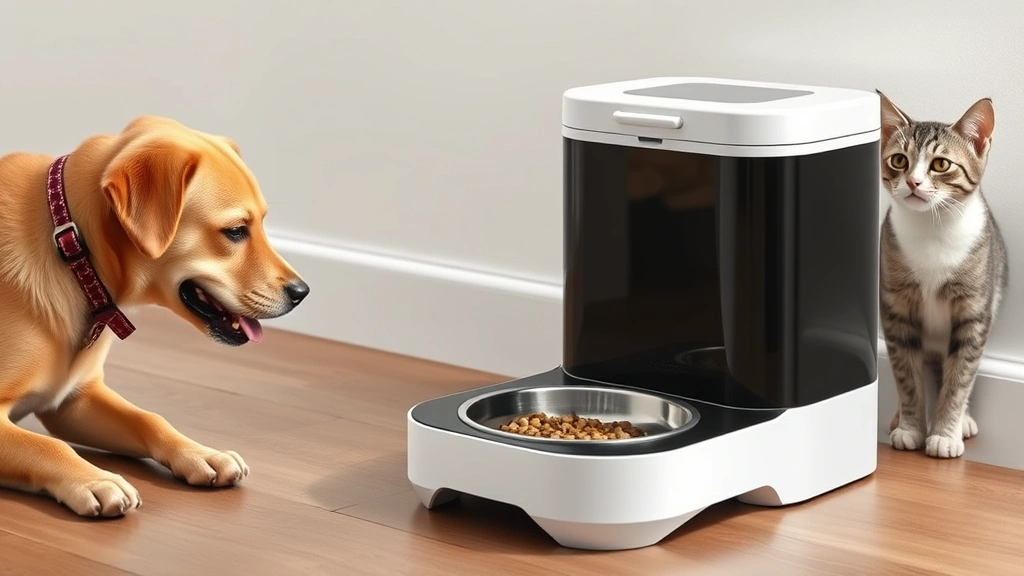 multi-pet household feeding strategies -
Photorealistic image of a microchip-enabled automatic pet feeder with the lid o