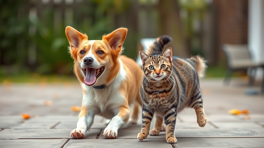 multi-strain probiotics for pets -
with a healthy dog and cat playing happily in the background
