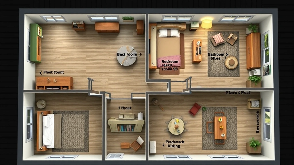 multiple cat feeding locations -
Photorealistic overhead view of a multi-level home layout with four strategical