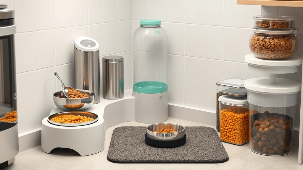 multiple cat feeding locations -
Photorealistic close-up of a well-organized feeding station setup with elevated