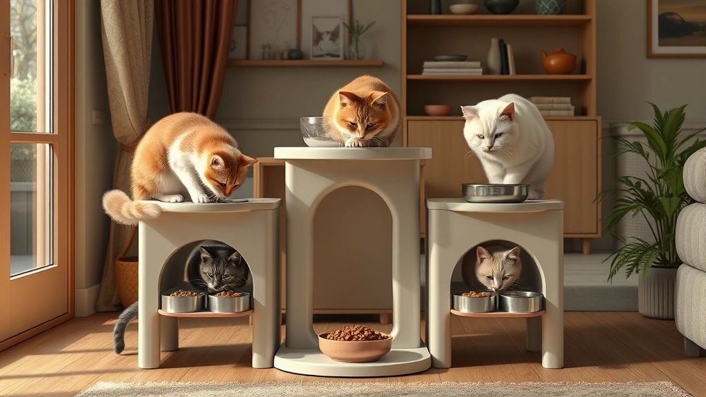 multiple cat feeding solutions -
Photorealistic image of a multi-level cat feeding station with three separate c
