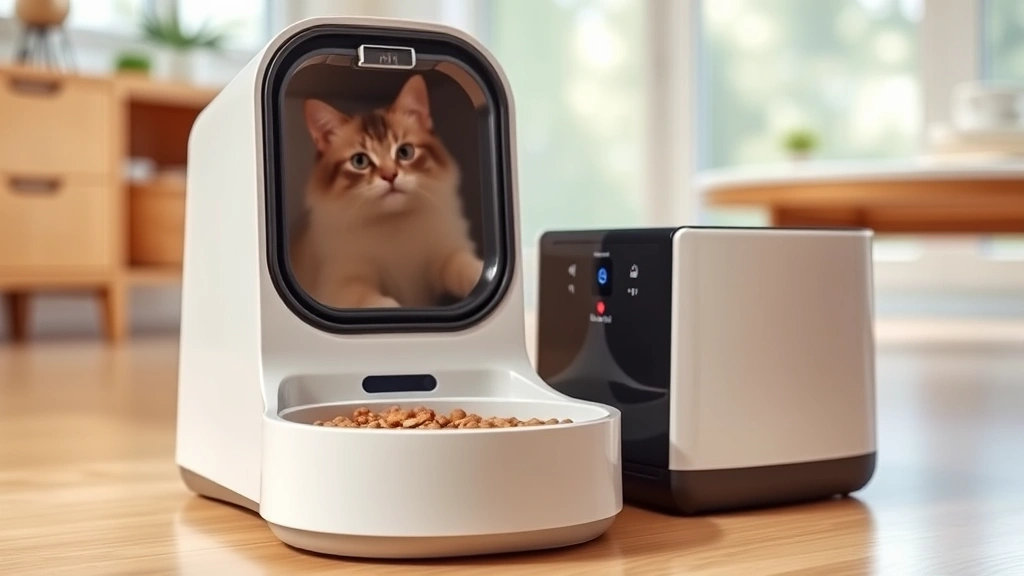 multiple pet feeding solutions -
Photorealistic photo of a microchip-activated automatic pet feeder with an open