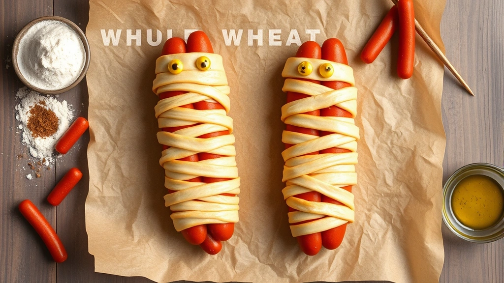 mummy hot dogs -
Photorealistic overhead shot of four completed mummy hot dogs arranged on parch