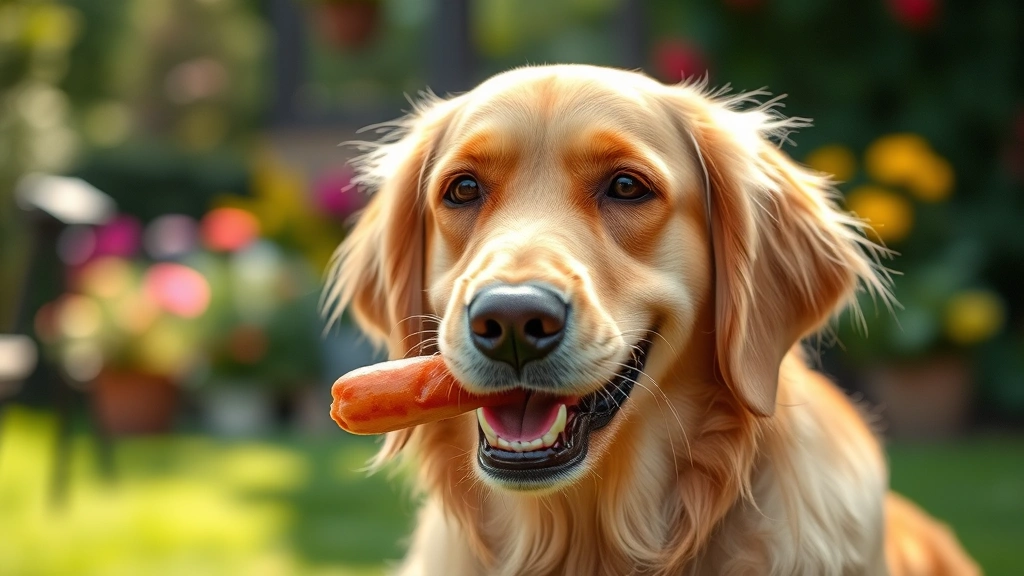 mummy hot dogs -
Photorealistic image of a golden retriever happily eating a small piece of mumm
