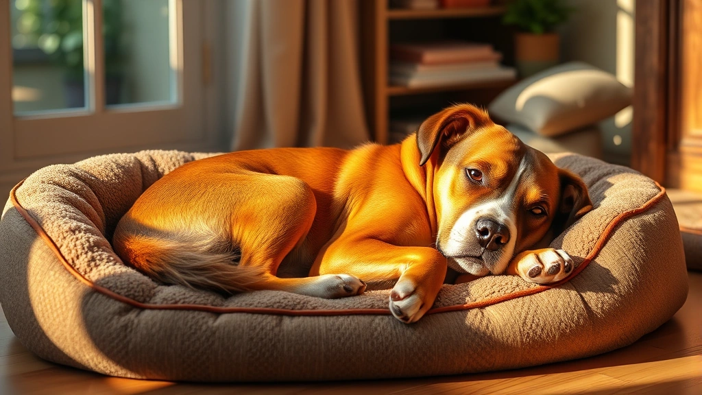 mut dog -
Photorealistic mixed breed dog lying on a cozy dog bed indoors, relaxed and con