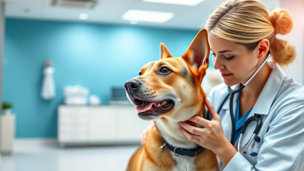 my dog has a dry cough and then gags -
Photorealistic image of a veterinarian examining a dog’s throat with a st