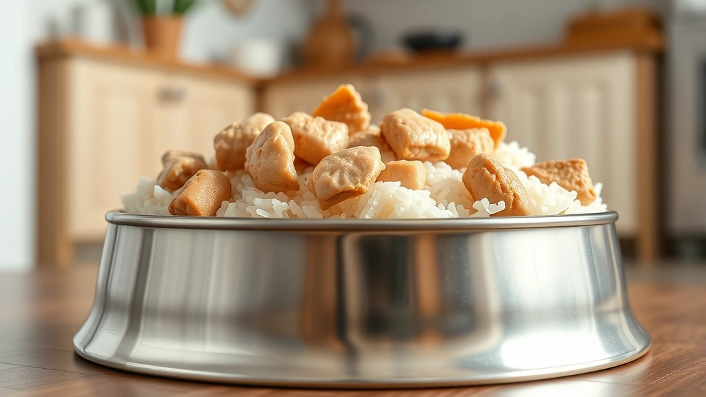 my dog has diarrhea but is acting fine -
Photorealistic close-up of dog food bowl with plain chicken and white rice, kit
