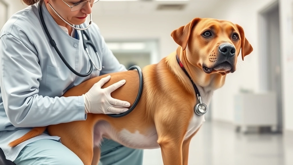 my dog is constipated -
A vet examining a brown dog’s abdomen with a stethoscope in a bright clin