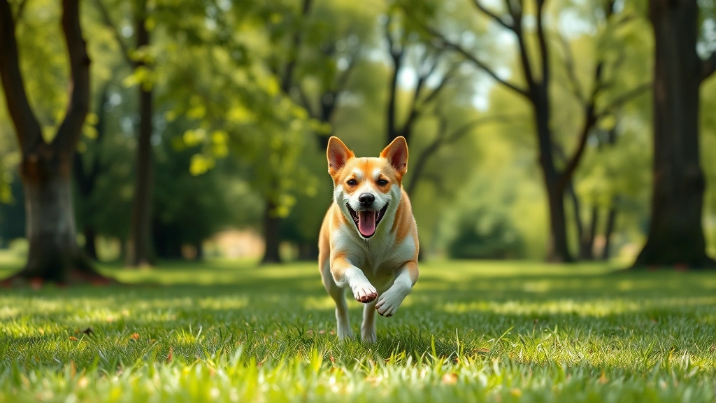 my dog is constipated -
A happy dog running and playing in a park with trees and green grass, photoreal