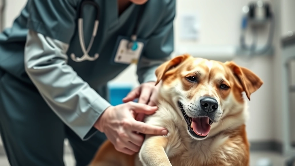 my dog keeps throwing up -
Photorealistic image of a veterinarian examining a calm dog’s stomach dur