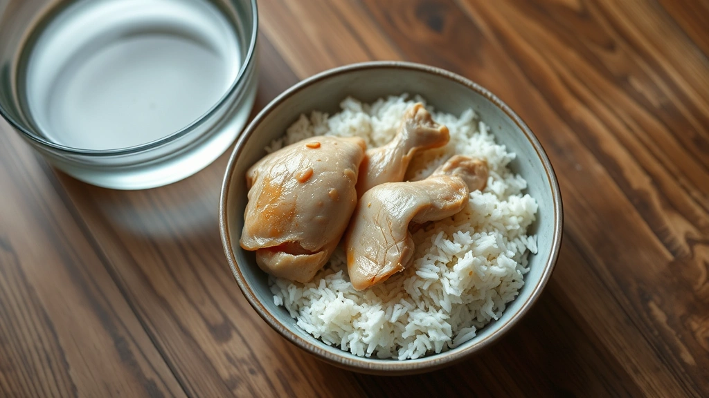 my dog keeps throwing up -
Photorealistic image of a bowl containing plain boiled chicken and white rice,