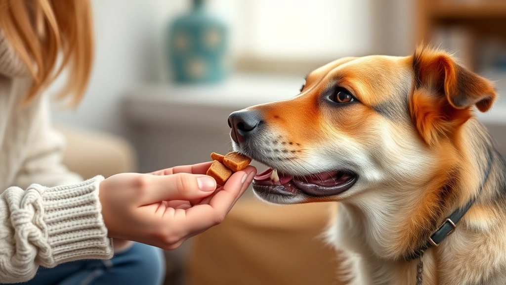 my dog won't eat -
Photorealistic image of a dog owner hand-feeding small pieces of premium dog fo