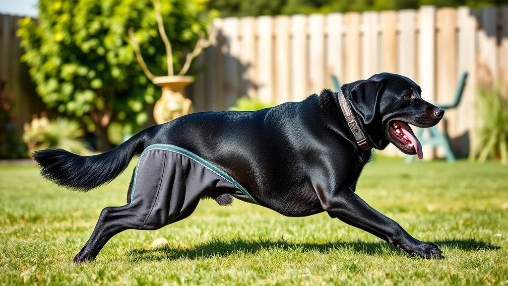 nappies for dogs on heat -
Photorealistic image of a medium-sized black labrador in reusable fabric heat p