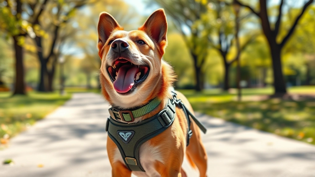 national dog day deals -
An excited dog wearing a modern harness and collar during a sunny walk in a par