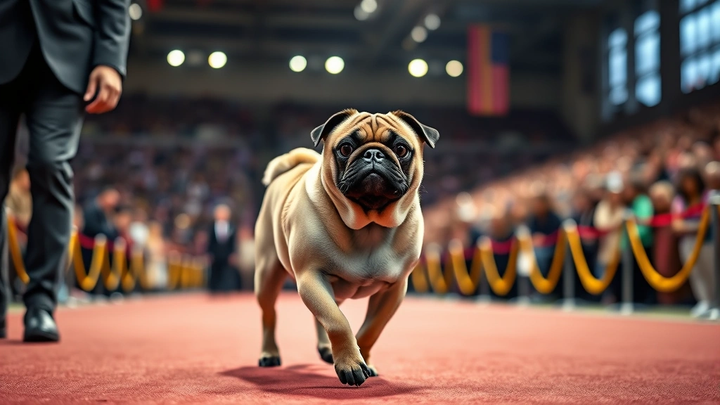 national dog show vito the pug -
Photorealistic image of a pug walking gracefully down a show ring floor, handle