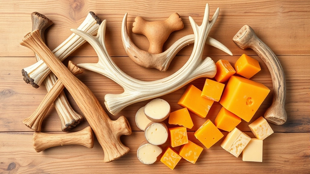 natural dog chews -
Photorealistic flat lay arrangement of various natural dog chews including bull