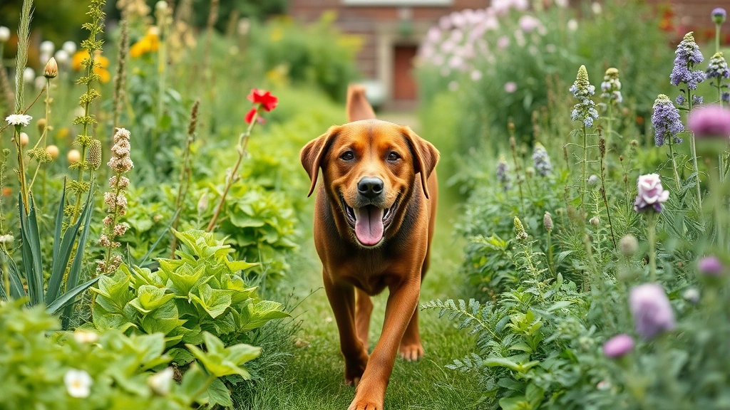 natural flea repellent for dogs -
a happy labrador walking through the herb garden