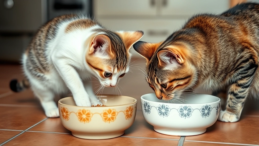 new home feeding adjustment -
Photorealistic style: A tabby kitten and an adult cat eating together from sepa