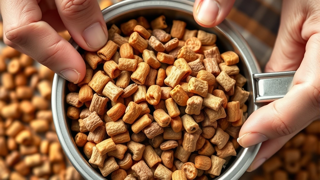 new home feeding adjustment -
Photorealistic style: Close-up of hands mixing two different types of pet food