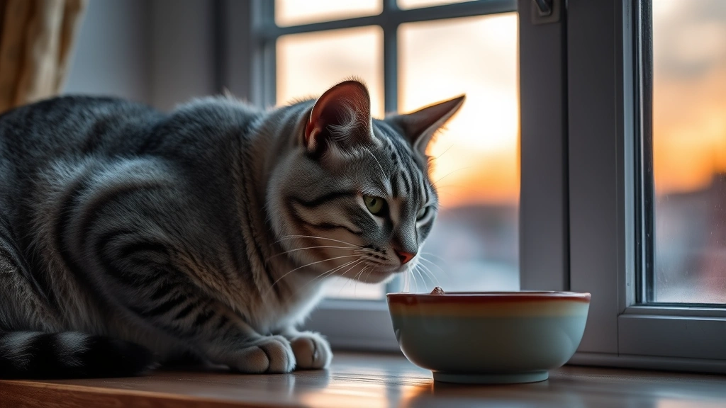 nighttime feeding necessity -
Photorealistic image of a senior gray tabby cat eating from a ceramic bowl duri