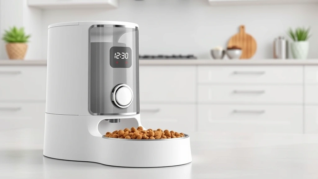 nighttime feeding necessity -
Photorealistic image of an automatic pet feeder with timer dispensing kibble in