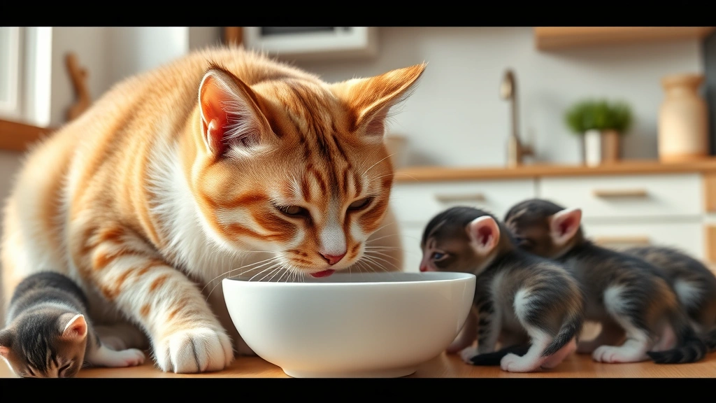 nursing mother feeding routine -
Photorealistic image of a cat mother eating from a bowl while nursing kittens n