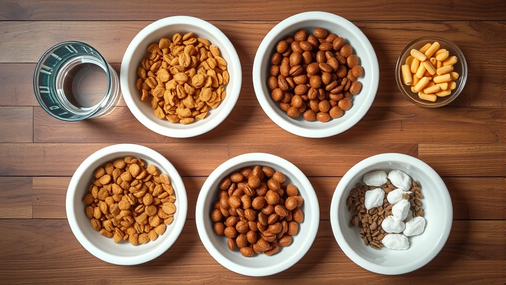 nursing mother feeding routine -
Photorealistic overhead view of multiple bowls with premium pet food, fresh wat