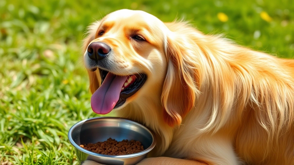 nutri source dog food -
Photorealistic happy golden retriever eating from a bowl, bright natural daylig