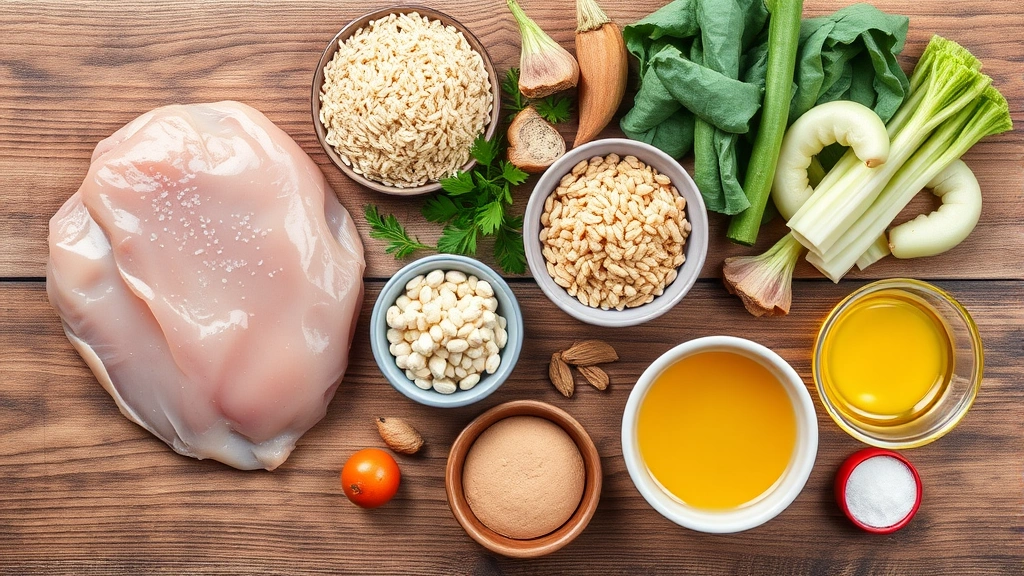 nutri source dog food -
Photorealistic flat lay of dog food ingredients including raw chicken breast, b