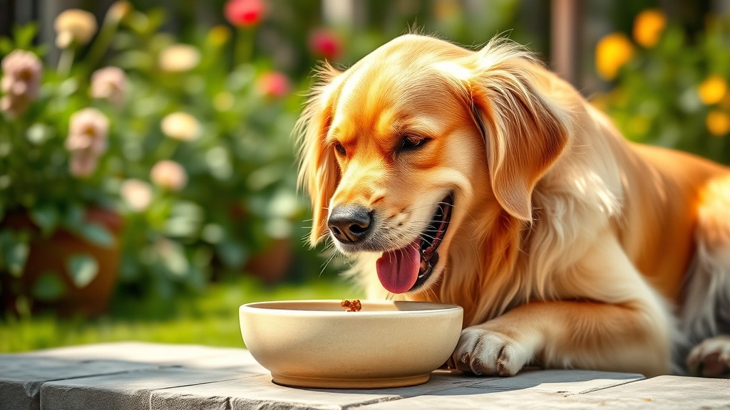 nutrish dog food -
Photorealistic happy golden retriever eating from a ceramic bowl, outdoor garde