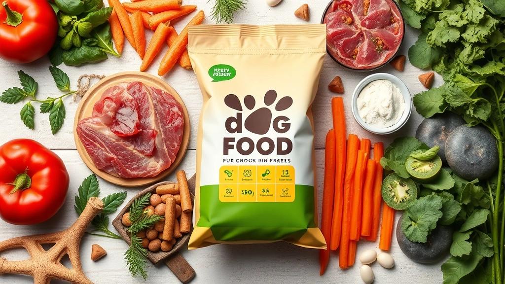 nutrish dog food -
Photorealistic flat lay of dog food bag with fresh meat ingredients, vegetables