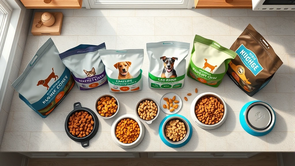 nutrish dog food -
Photorealistic overhead shot of various dog food bags and bowls arranged on a k