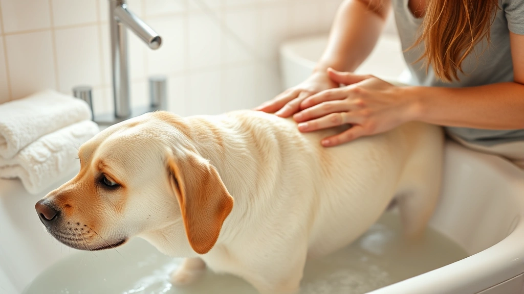 oatmeal bath for dogs -
A dog owner gently massaging oatmeal bathwater into a labrador’s coat dur