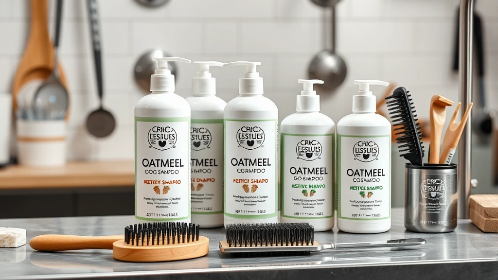 oatmeal shampoo for dogs -
A grooming table with various oatmeal dog shampoo bottles displayed, dog groomi