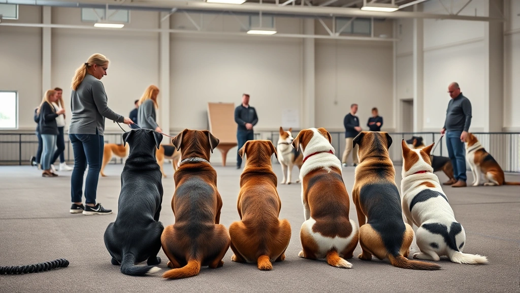 obedience training for dogs near me -
Group dog obedience class with multiple dogs and owners in a spacious indoor tr