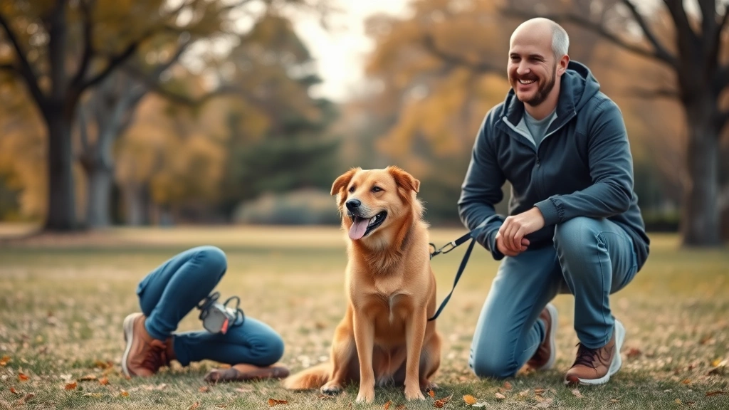 obedience training for dogs near me -
Happy dog owner smiling while their well-behaved dog sits calmly on a leash dur