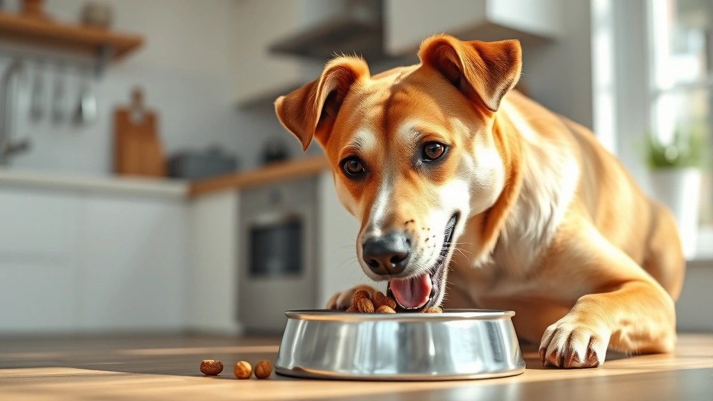ol roy dog food -
Photorealistic image of a happy healthy dog eating from a metal bowl in a brigh