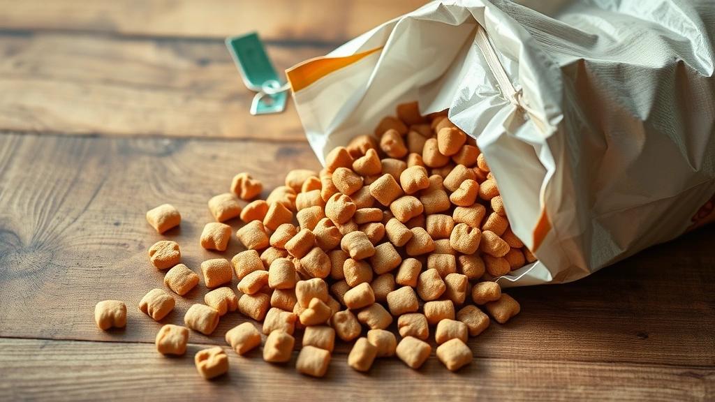 ol roy dog food -
Photorealistic image of a dog food bag with kibble spilling out onto a wooden t