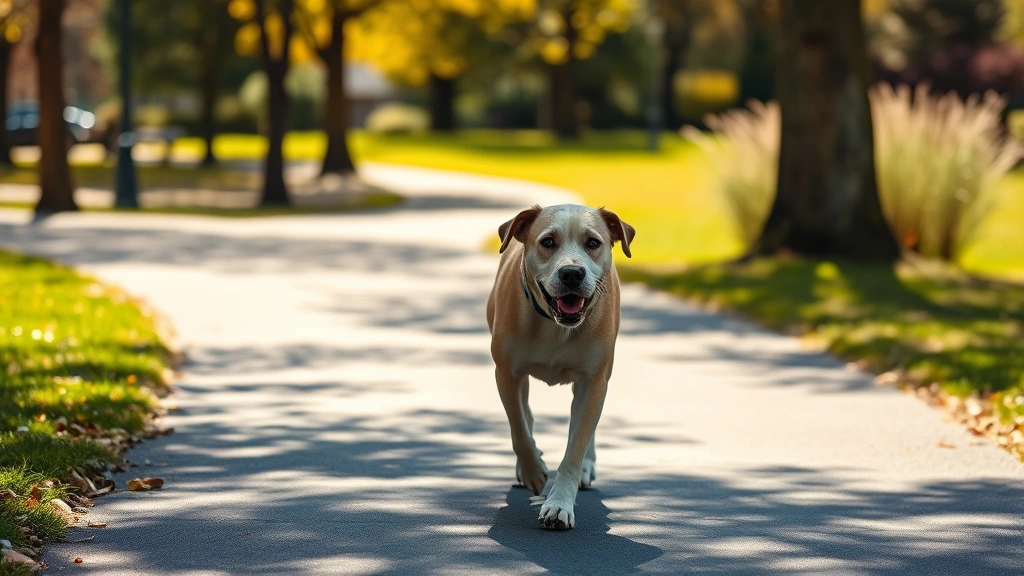 olive oil for dogs -
Photorealistic image of a senior dog walking comfortably on a sunny path throug