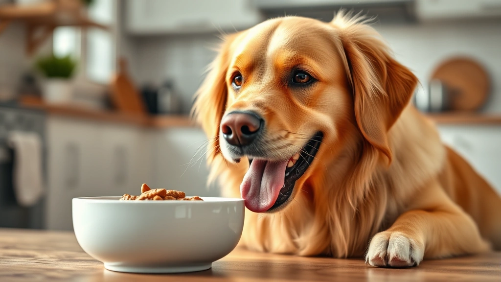ollie dog food reviews -
Photorealistic photo of a happy golden retriever eating from a white ceramic bo