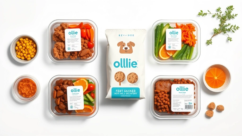 ollie dog food reviews -
Photorealistic flat-lay of Ollie dog food delivery packaging with pre-portioned
