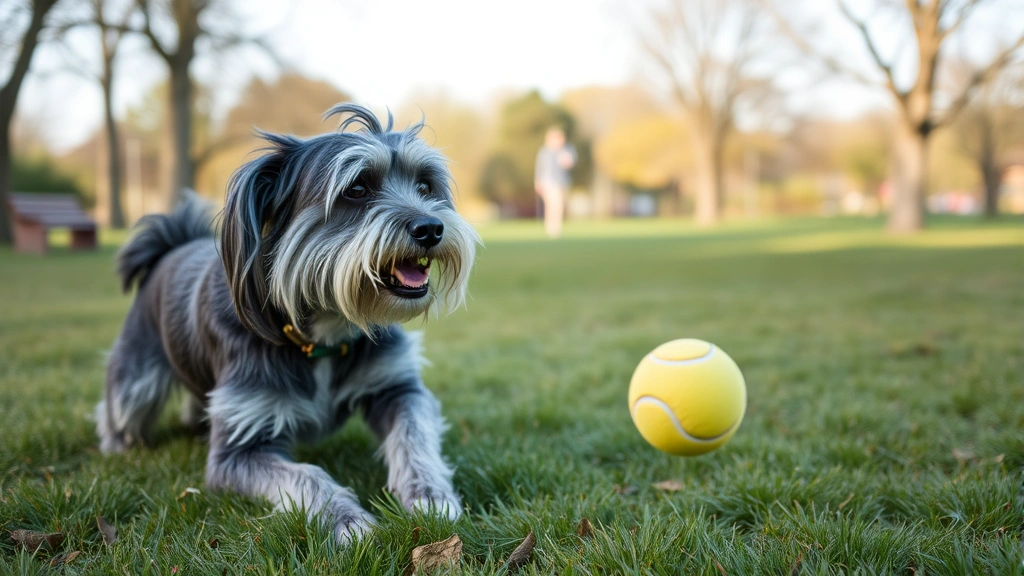 omega 3 for dogs -
Senior gray-muzzled dog playing fetch with a tennis ball in a park

