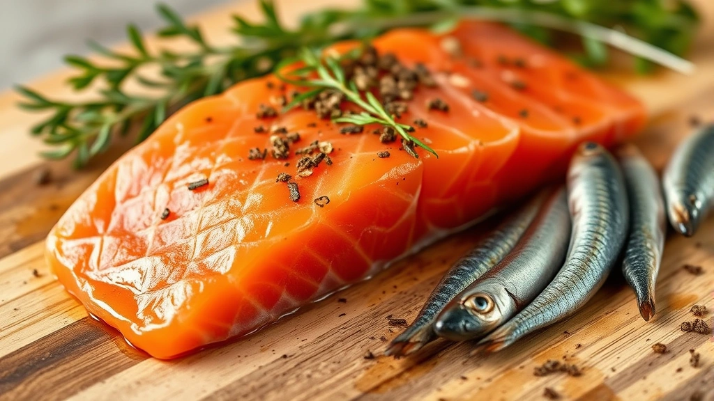 omega 3 for dogs -
Close-up of fresh salmon fillet and sardines on a wooden cutting board with her