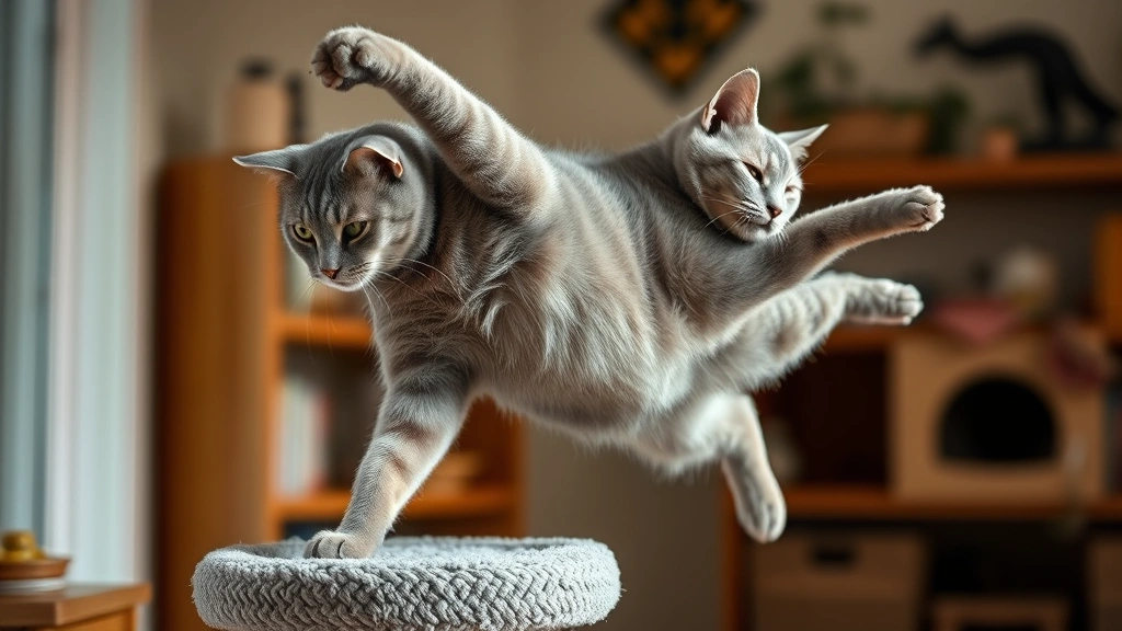 omega 9 for cats -
Photorealistic image of a senior gray cat stretching and jumping on a cat tree,