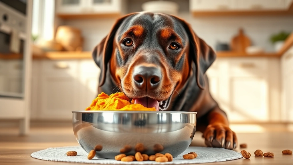omeprazole for dogs -
Photorealistic image of a happy labrador dog eating from a food bowl containing