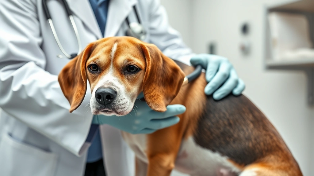 omeprazole for dogs -
Photorealistic veterinarian in white coat examining a calm beagle dog’s a