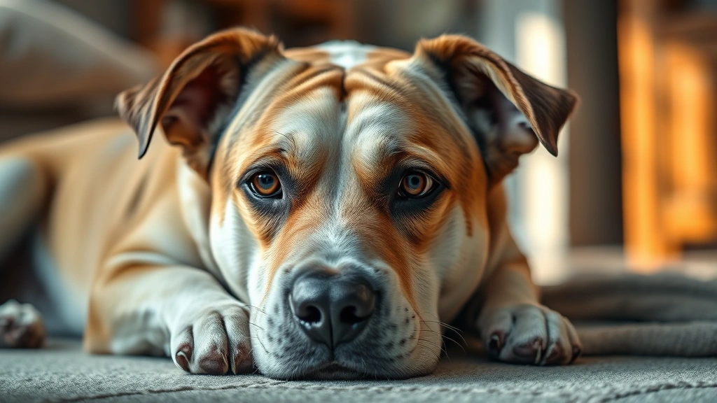 onion toxicity in pets -
Photorealistic image of a concerned dog lying down looking unwell with tired ey